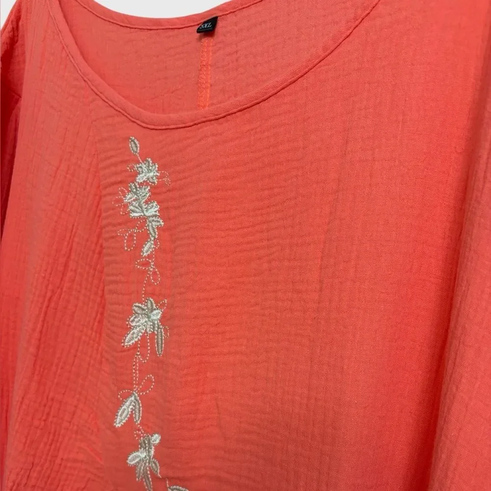 Women's Floral Embroidered Orange Gauze Midi Dress 5XL Crinkle Textured Summer